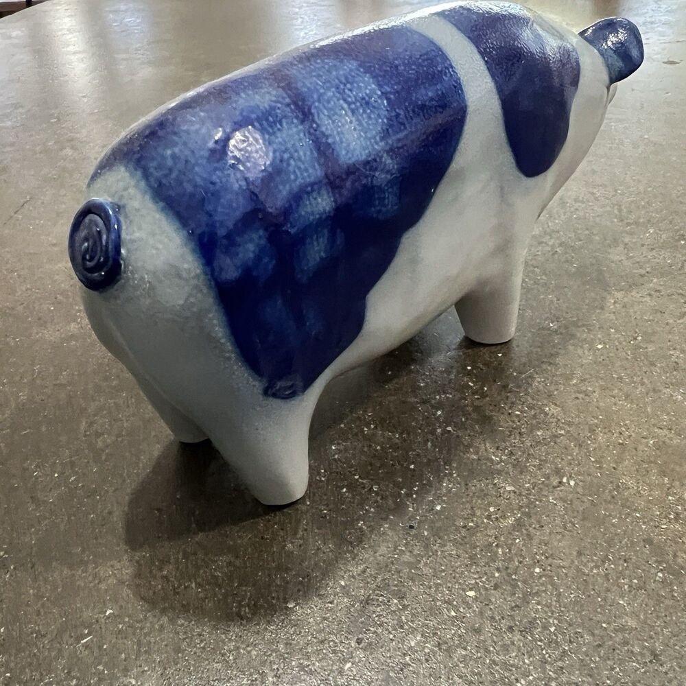 VTG Signed David ELDRETH SALT GLAZED Stonewear Pig COBALT BLUE ON GRAY - Picture 4 of 12